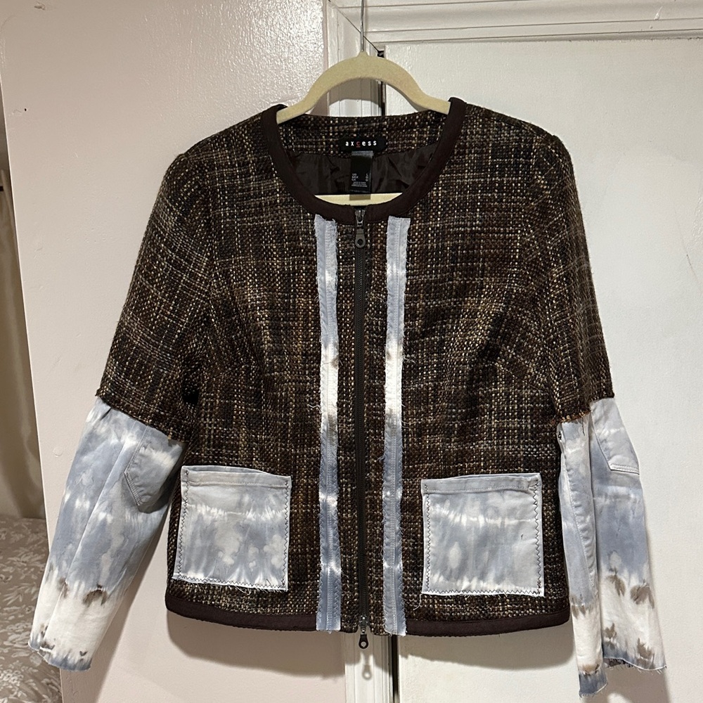 Upcycled  Brown Plaid Blazer with Denim Details